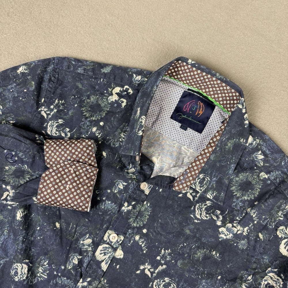 John Lennon Shirt Mens Small Navy Floral Stretch Button Up‎ Long Sleeve Dressy
